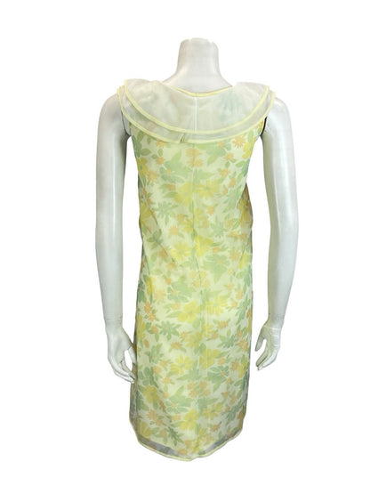 VTG 60S MOD YELLOW GREEN PETER PAN COLLAR ROSE FLORAL TENT NIGHT DRESS 12 14 M