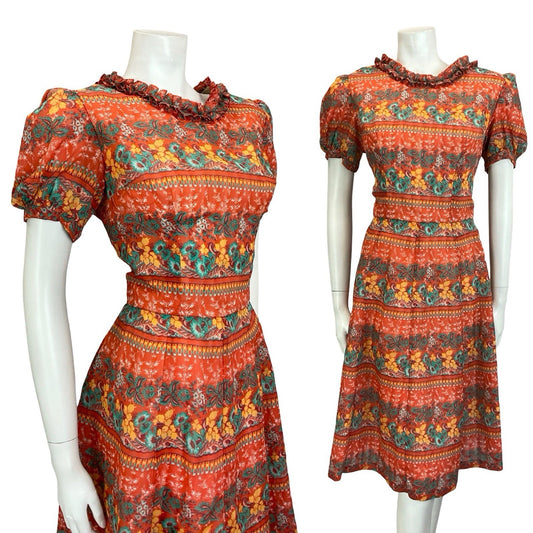 VTG 60S RED GREEN YELLOW PSYCHEDELIC FLORAL RUFFLE PUFF SLEEVE TEA DRESS 14