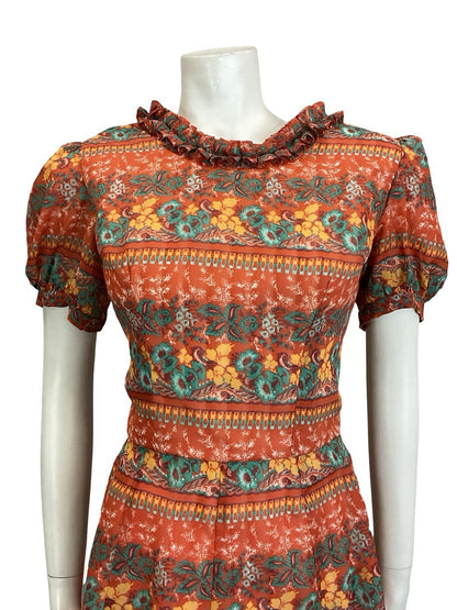 VTG 60S RED GREEN YELLOW PSYCHEDELIC FLORAL RUFFLE PUFF SLEEVE TEA DRESS 14