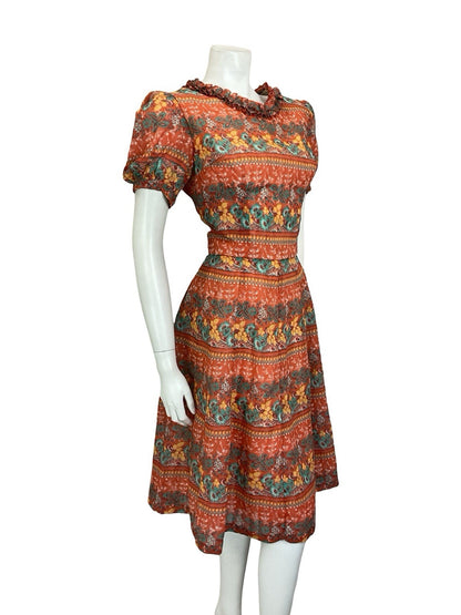 VTG 60S RED GREEN YELLOW PSYCHEDELIC FLORAL RUFFLE PUFF SLEEVE TEA DRESS 14