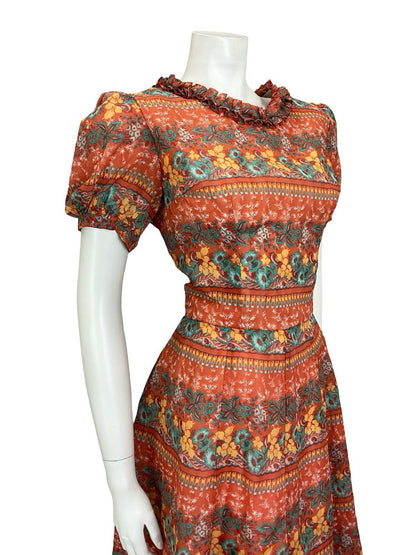 VTG 60S RED GREEN YELLOW PSYCHEDELIC FLORAL RUFFLE PUFF SLEEVE TEA DRESS 14