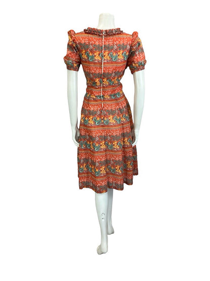 VTG 60S RED GREEN YELLOW PSYCHEDELIC FLORAL RUFFLE PUFF SLEEVE TEA DRESS 14