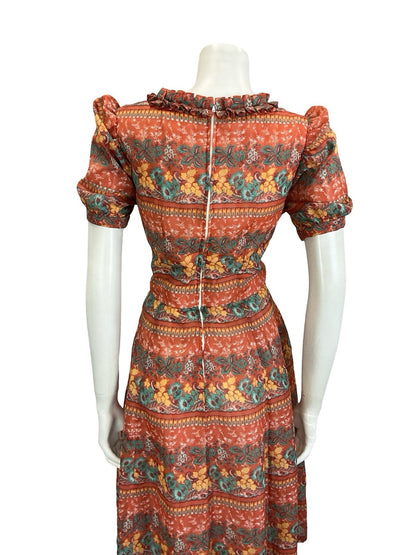 VTG 60S RED GREEN YELLOW PSYCHEDELIC FLORAL RUFFLE PUFF SLEEVE TEA DRESS 14