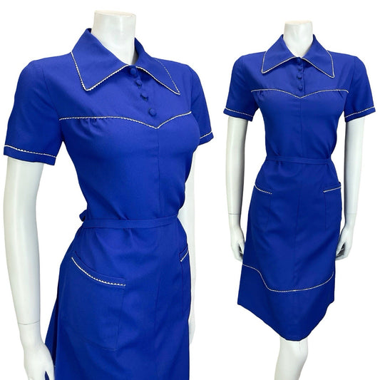 VTG 60S 70S NAVY BLUE WHITE WING COLLAR SCALLOP TRIM BELTED MOD SHIRT DRESS 12