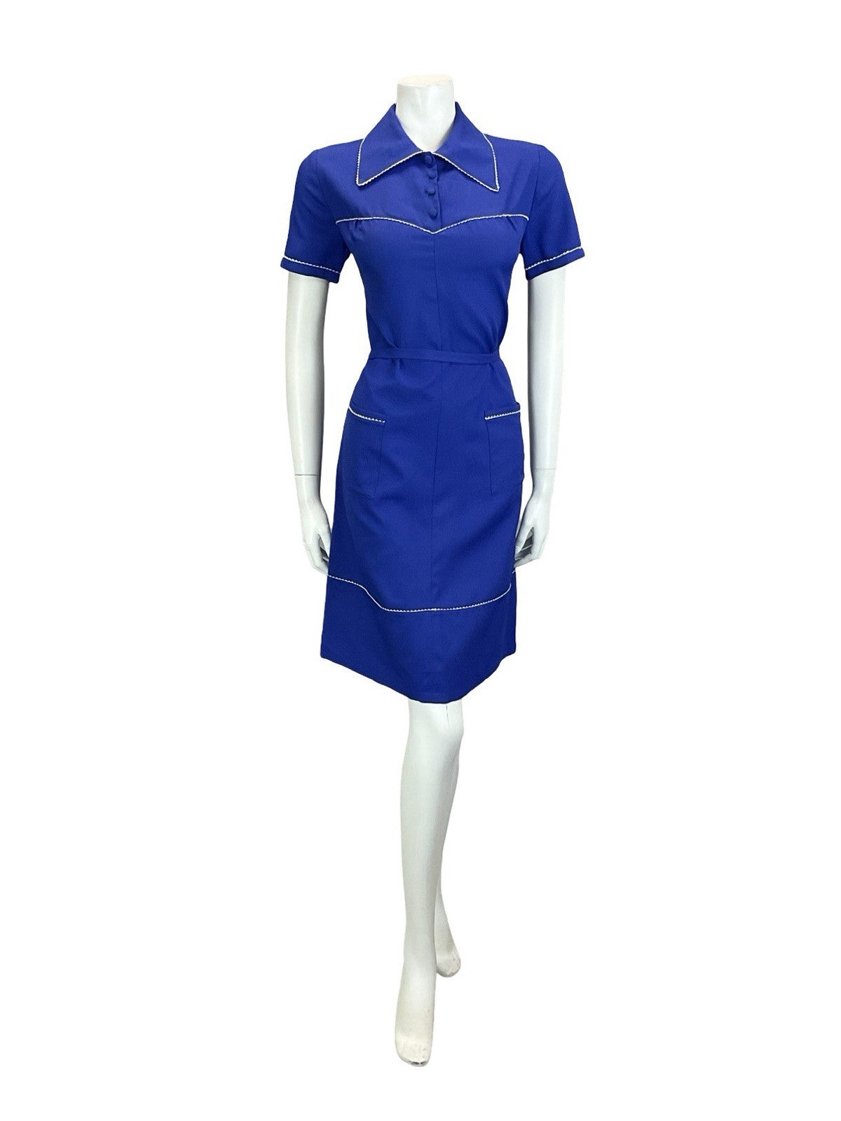 VTG 60S 70S NAVY BLUE WHITE WING COLLAR SCALLOP TRIM BELTED MOD SHIRT DRESS 12