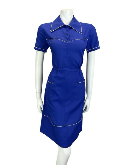 VTG 60S 70S NAVY BLUE WHITE WING COLLAR SCALLOP TRIM BELTED MOD SHIRT DRESS 12