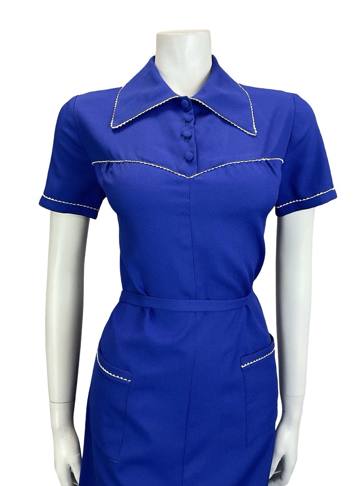 VTG 60S 70S NAVY BLUE WHITE WING COLLAR SCALLOP TRIM BELTED MOD SHIRT DRESS 12