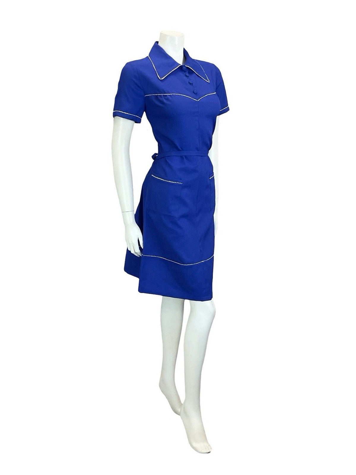 VTG 60S 70S NAVY BLUE WHITE WING COLLAR SCALLOP TRIM BELTED MOD SHIRT DRESS 12
