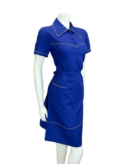 VTG 60S 70S NAVY BLUE WHITE WING COLLAR SCALLOP TRIM BELTED MOD SHIRT DRESS 12