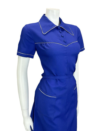 VTG 60S 70S NAVY BLUE WHITE WING COLLAR SCALLOP TRIM BELTED MOD SHIRT DRESS 12