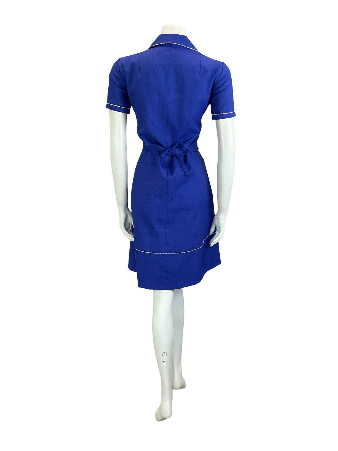 VTG 60S 70S NAVY BLUE WHITE WING COLLAR SCALLOP TRIM BELTED MOD SHIRT DRESS 12