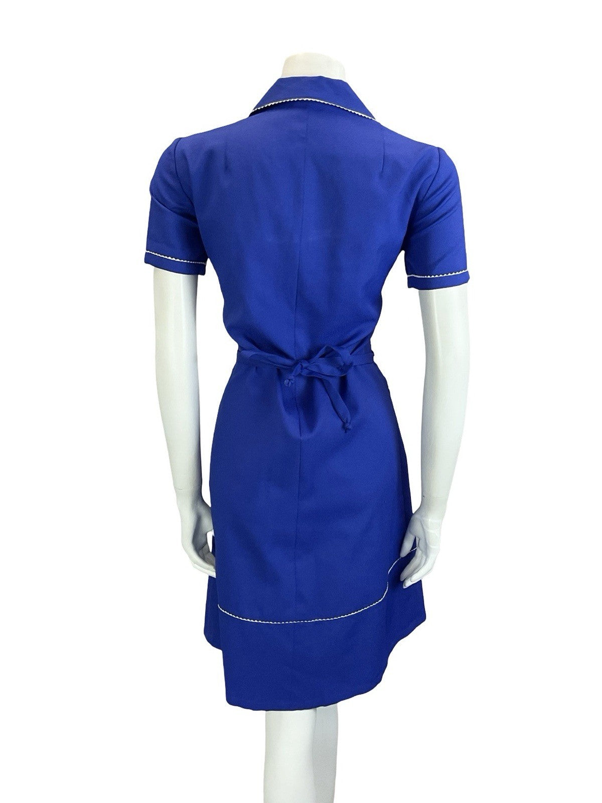VTG 60S 70S NAVY BLUE WHITE WING COLLAR SCALLOP TRIM BELTED MOD SHIRT DRESS 12