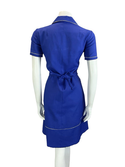 VTG 60S 70S NAVY BLUE WHITE WING COLLAR SCALLOP TRIM BELTED MOD SHIRT DRESS 12