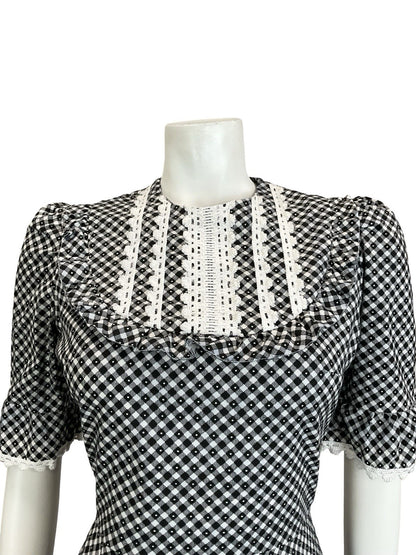 VTG 70S BLACK WHITE GINGHAM PRAIRIE COTTAGE RUFFLE CROCHET 1/2 SLEEVE DRESS 8