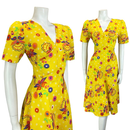 VTG 60S 70S YELLOW RED ORANGE BLUE GREEN PSYCHEDELIC FLORAL SWING DRESS 10