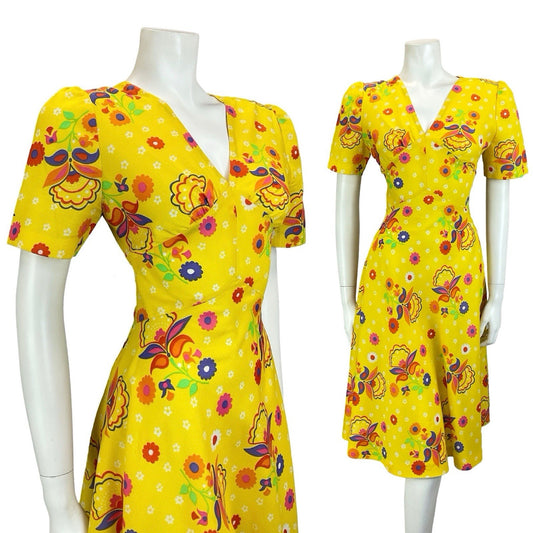 VTG 60S 70S YELLOW RED ORANGE BLUE GREEN PSYCHEDELIC FLORAL SWING DRESS 10