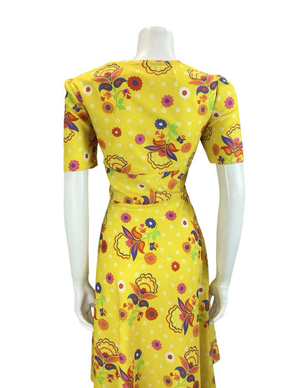 VTG 60S 70S YELLOW RED ORANGE BLUE GREEN PSYCHEDELIC FLORAL SWING DRESS 10