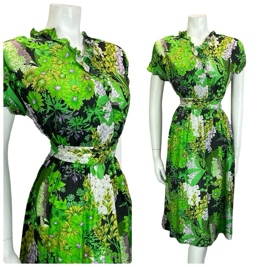 VTG 60S 70S GREEN BLACK WHITE PURPLE FLORAL RUFFLE V NECK FLOATY DRESS 16