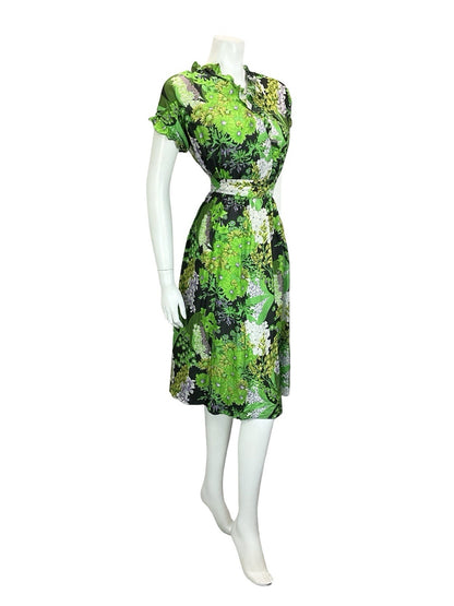 VTG 60S 70S GREEN BLACK WHITE PURPLE FLORAL RUFFLE V NECK FLOATY DRESS 16