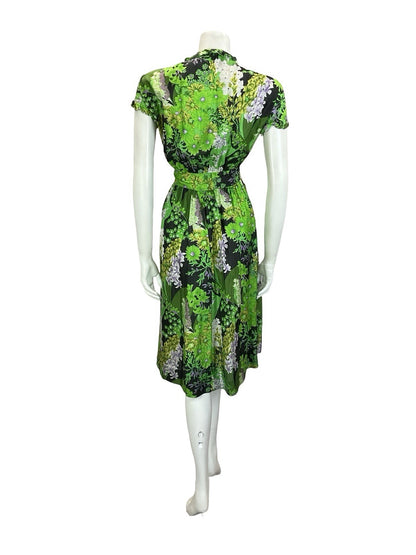 VTG 60S 70S GREEN BLACK WHITE PURPLE FLORAL RUFFLE V NECK FLOATY DRESS 16