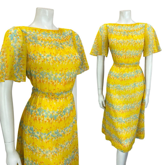 VTG 60S 70S YELLOW BLUE ORANGE WHITE FLORAL STRIPE ANGEL SLEEVE TIE DRESS 10