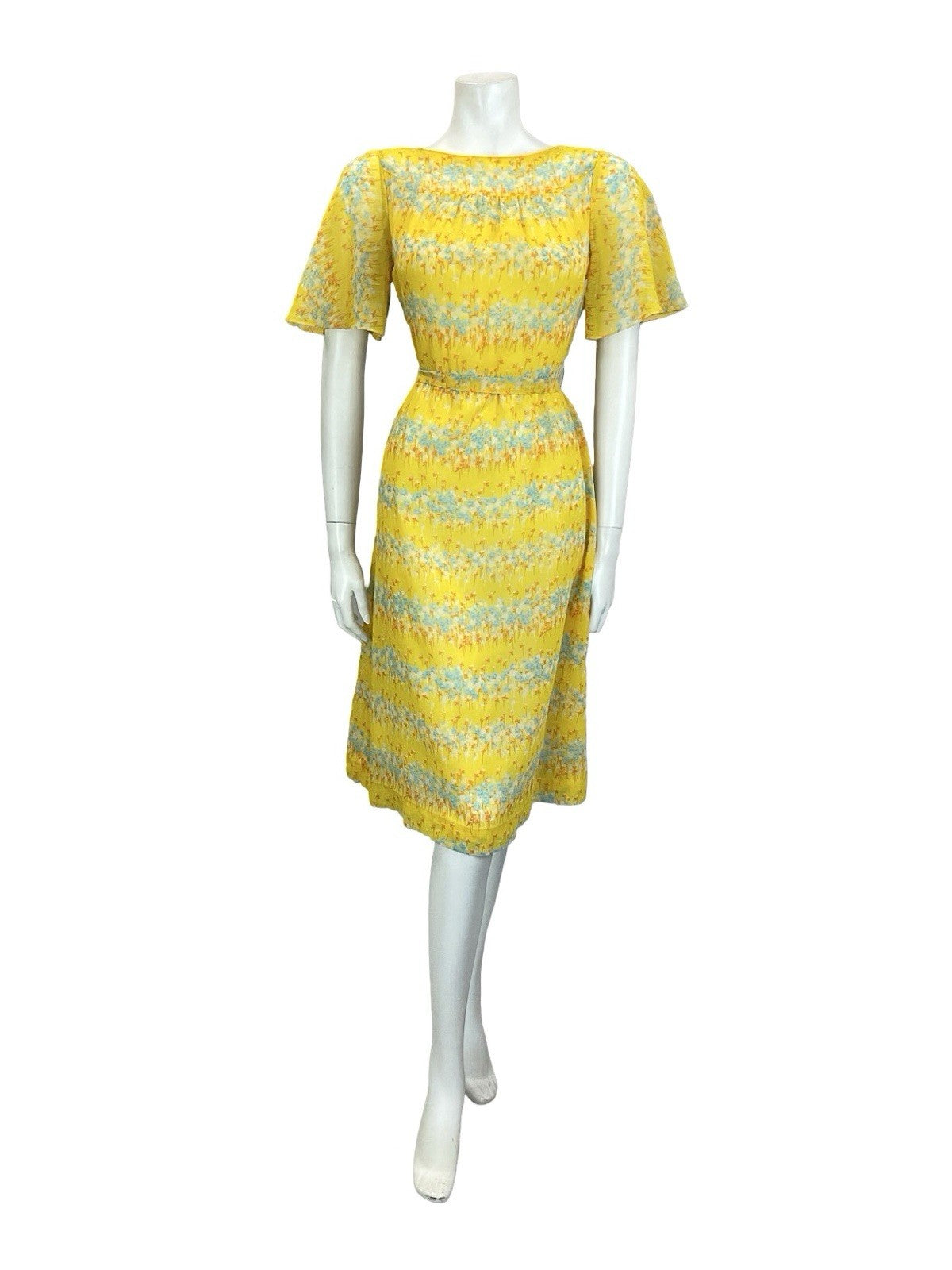 VTG 60S 70S YELLOW BLUE ORANGE WHITE FLORAL STRIPE ANGEL SLEEVE TIE DRESS 10