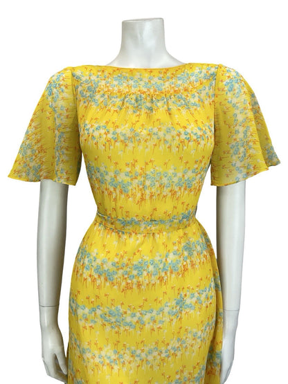 VTG 60S 70S YELLOW BLUE ORANGE WHITE FLORAL STRIPE ANGEL SLEEVE TIE DRESS 10
