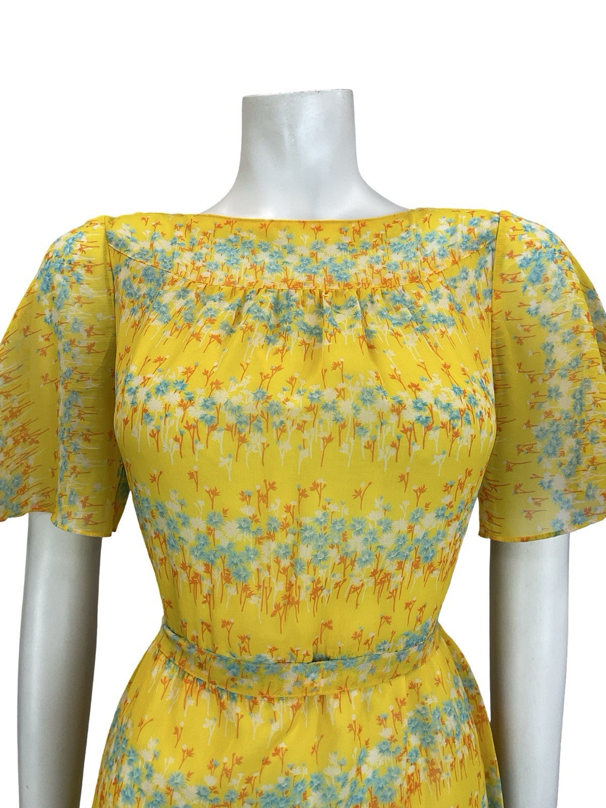 VTG 60S 70S YELLOW BLUE ORANGE WHITE FLORAL STRIPE ANGEL SLEEVE TIE DRESS 10
