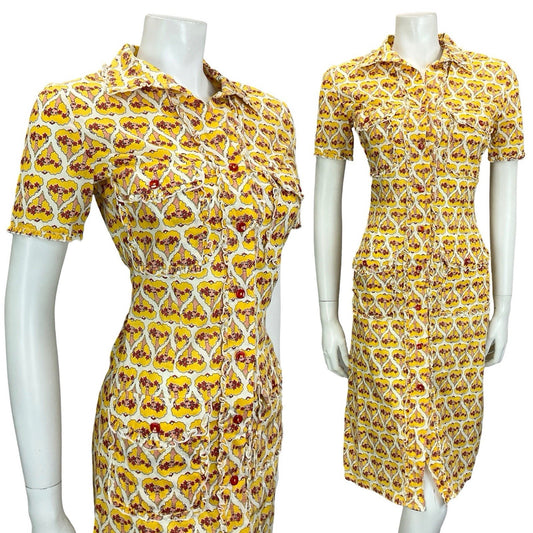 VTG 60S 70S WHITE RED YELLOW ART DECO WOMAN HEART RUFFLE SHIRT DRESS + POCKETS 8