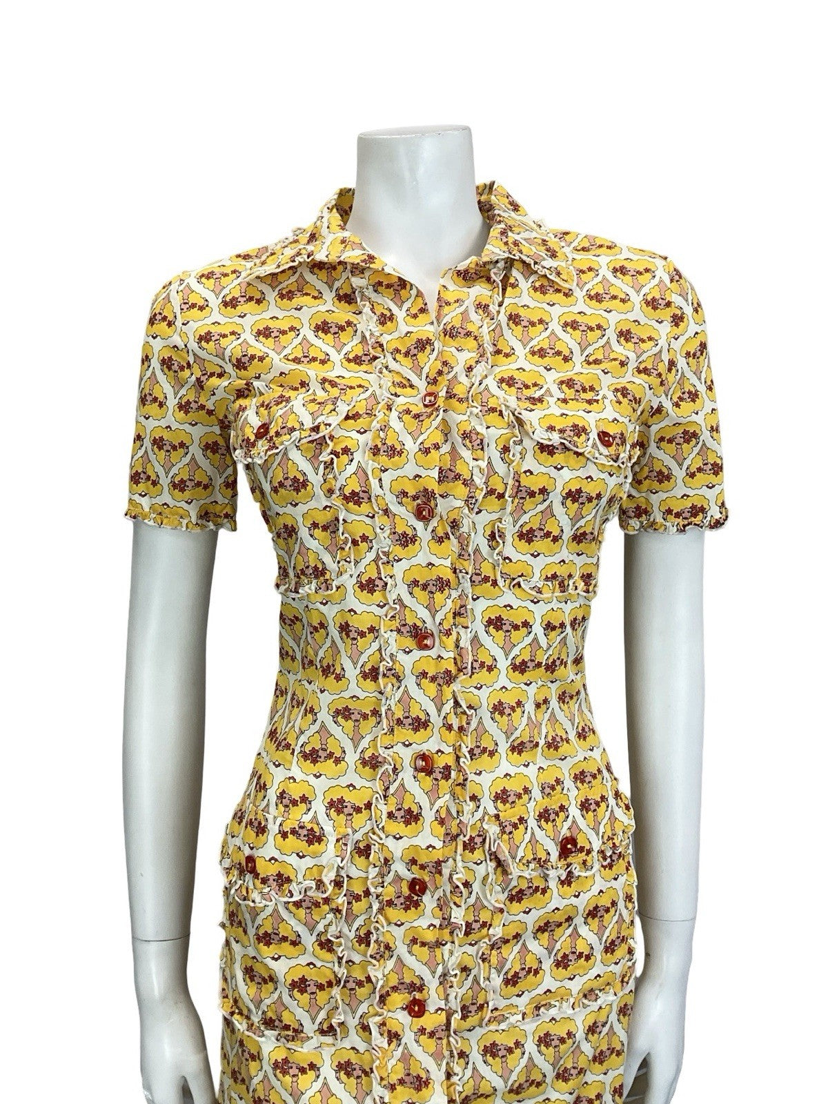 VTG 60S 70S WHITE RED YELLOW ART DECO WOMAN HEART RUFFLE SHIRT DRESS + POCKETS 8