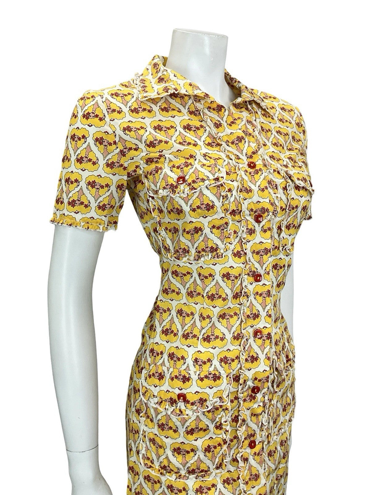 VTG 60S 70S WHITE RED YELLOW ART DECO WOMAN HEART RUFFLE SHIRT DRESS + POCKETS 8