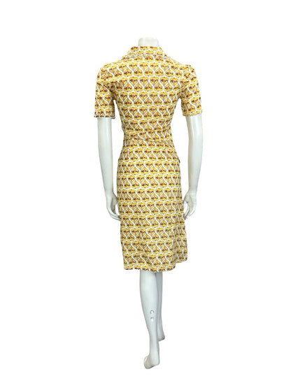 VTG 60S 70S WHITE RED YELLOW ART DECO WOMAN HEART RUFFLE SHIRT DRESS + POCKETS 8
