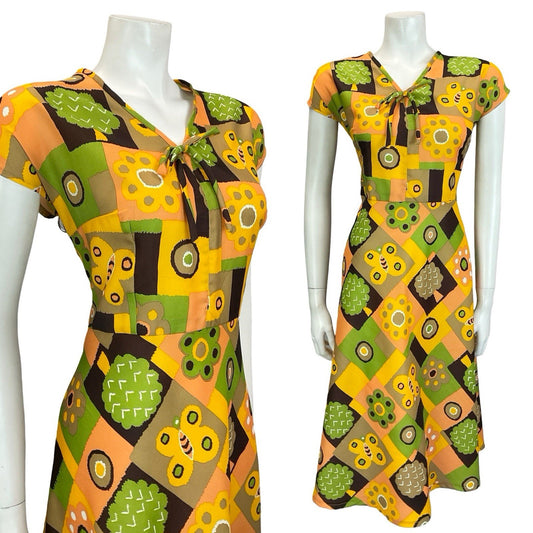 VTG 60S 70S YELLOW GREEN BROWN BUTTERFLY FLOWER TREE PATCHWORK RIC RAC DRESS 14