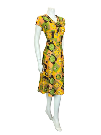 VTG 60S 70S YELLOW GREEN BROWN BUTTERFLY FLOWER TREE PATCHWORK RIC RAC DRESS 14