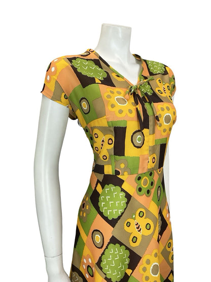 VTG 60S 70S YELLOW GREEN BROWN BUTTERFLY FLOWER TREE PATCHWORK RIC RAC DRESS 14