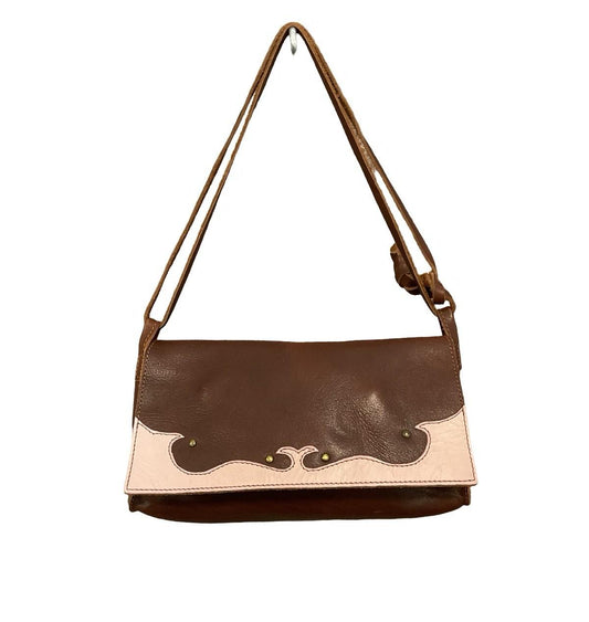 VTG 60S 70S WESTERN BOHO DARK BROWN PASTEL PINK STUD SHOULDER BAG