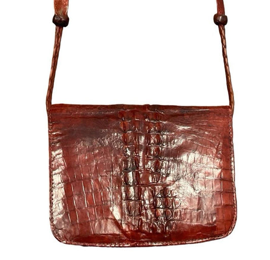 VTG 60S 70S MOD RED CROCODILE TEXTURE LEATHER ACCORDION CROSS BODY BAG
