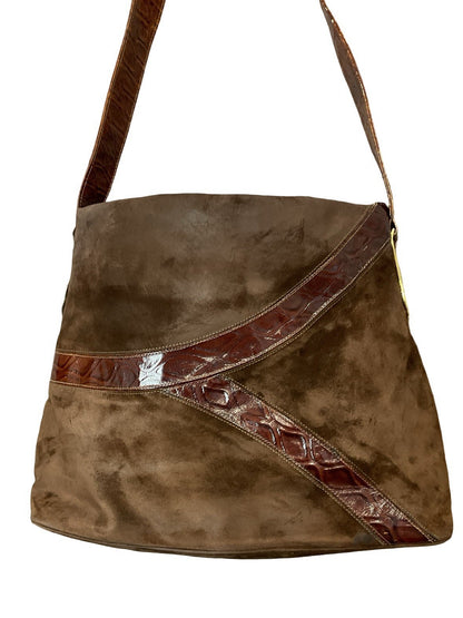 VTG 70S BROWN SUEDE SILVER GOLD GEOMETRIC PVC BOHO SHOULDER BAG