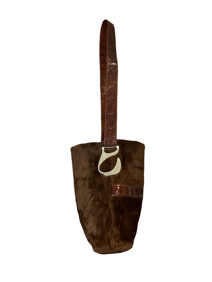 VTG 70S BROWN SUEDE SILVER GOLD GEOMETRIC PVC BOHO SHOULDER BAG