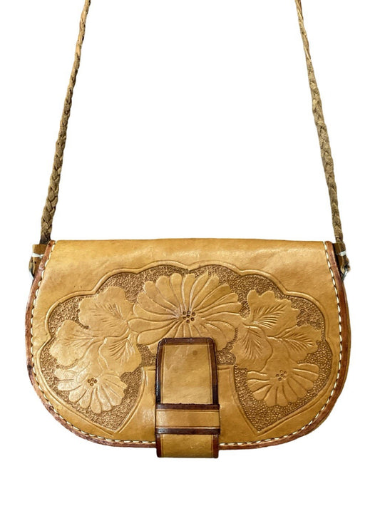 VTG 60S 70S TAN LEATHER FOLK BOHO FLORAL EMBOSSED PLAITED STRAP SHOULDER BAG