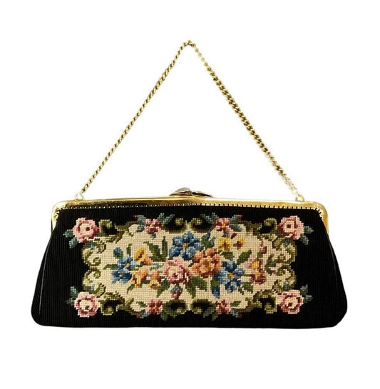VTG 60S 70S BLACK PINK GREEN BLUE FLORAL ROSE EMBROIDERED TAPESTRY PURSE CLUTCH