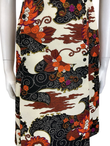 VTG 60S 70S CREAM BLACK BROWN ORANGE PSYCHEDELIC SWIRL CLOUD WIGGLE DRESS 14