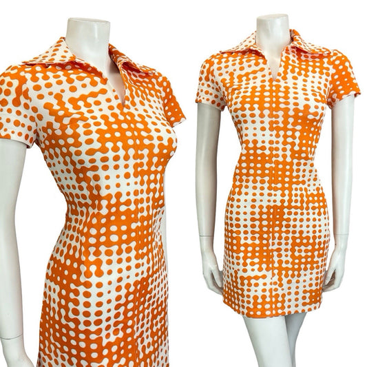 VTG 60S 70S MOD GEOMETRIC WHITE ORANGE ROUNDED COLLAR MINI SHIRT DRESS 10