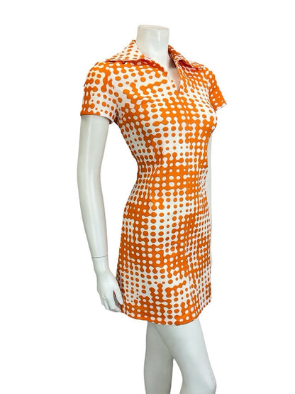 VTG 60S 70S MOD GEOMETRIC WHITE ORANGE ROUNDED COLLAR MINI SHIRT DRESS 10
