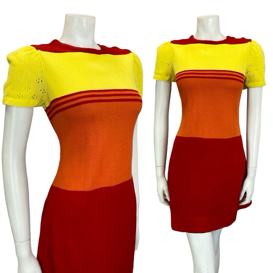 VTG 60S MOD GOGO RED YELLOW ORANGE COLOUR BLOCK PUFF SLEEVE KNIT MINI DRESS 10