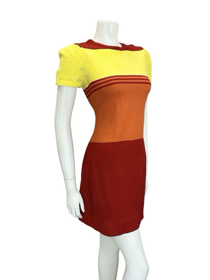 VTG 60S MOD GOGO RED YELLOW ORANGE COLOUR BLOCK PUFF SLEEVE KNIT MINI DRESS 10