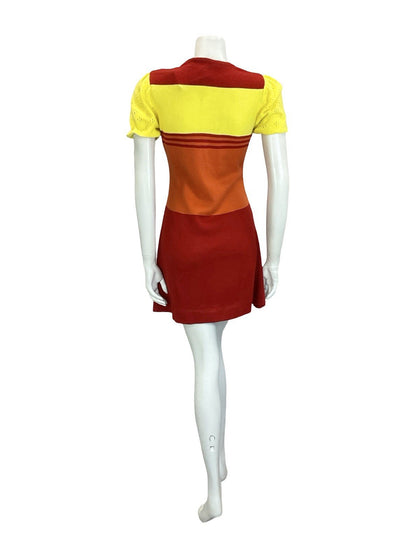 VTG 60S MOD GOGO RED YELLOW ORANGE COLOUR BLOCK PUFF SLEEVE KNIT MINI DRESS 10