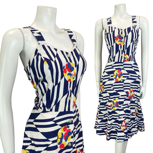 VTG 60S 70S NAVY BLUE WHITE CHEVRON GEOMETRIC FLORAL STRAPPY SUN DRESS 10 12