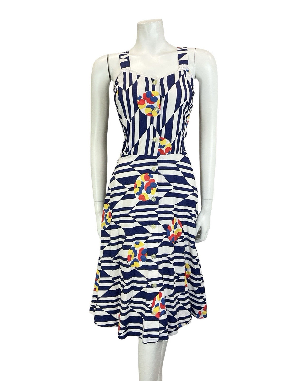 VTG 60S 70S NAVY BLUE WHITE CHEVRON GEOMETRIC FLORAL STRAPPY SUN DRESS 10 12
