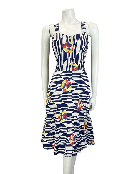 VTG 60S 70S NAVY BLUE WHITE CHEVRON GEOMETRIC FLORAL STRAPPY SUN DRESS 10 12